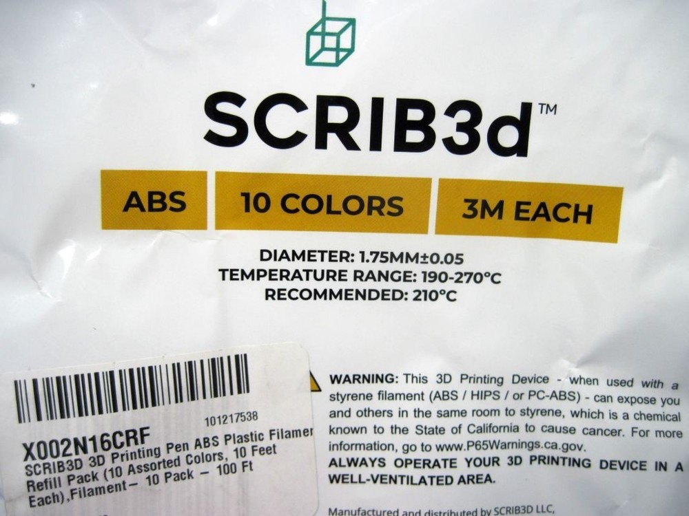Scrib3D PRINTING PEN ABS Plastic Filaments, 10 Colors 1.75mm