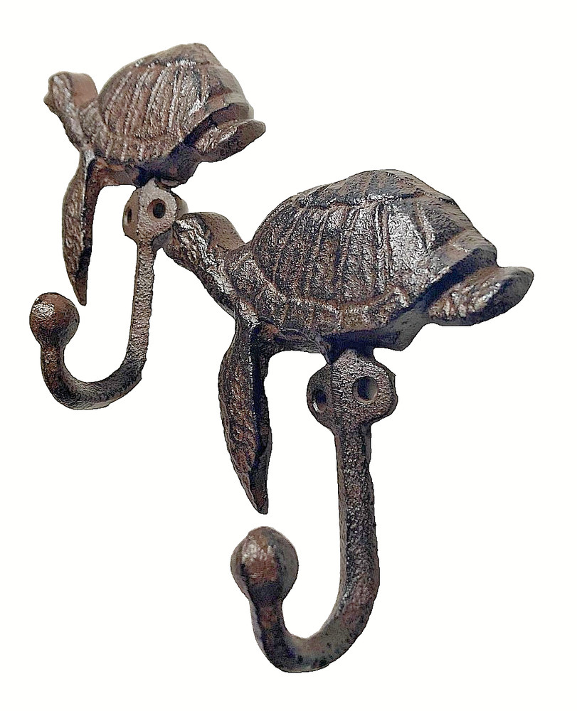 Two Sea Turtle Wall Hooks Cast Iron Rustic Brown 5" H Nautical Ocean Keys Gift