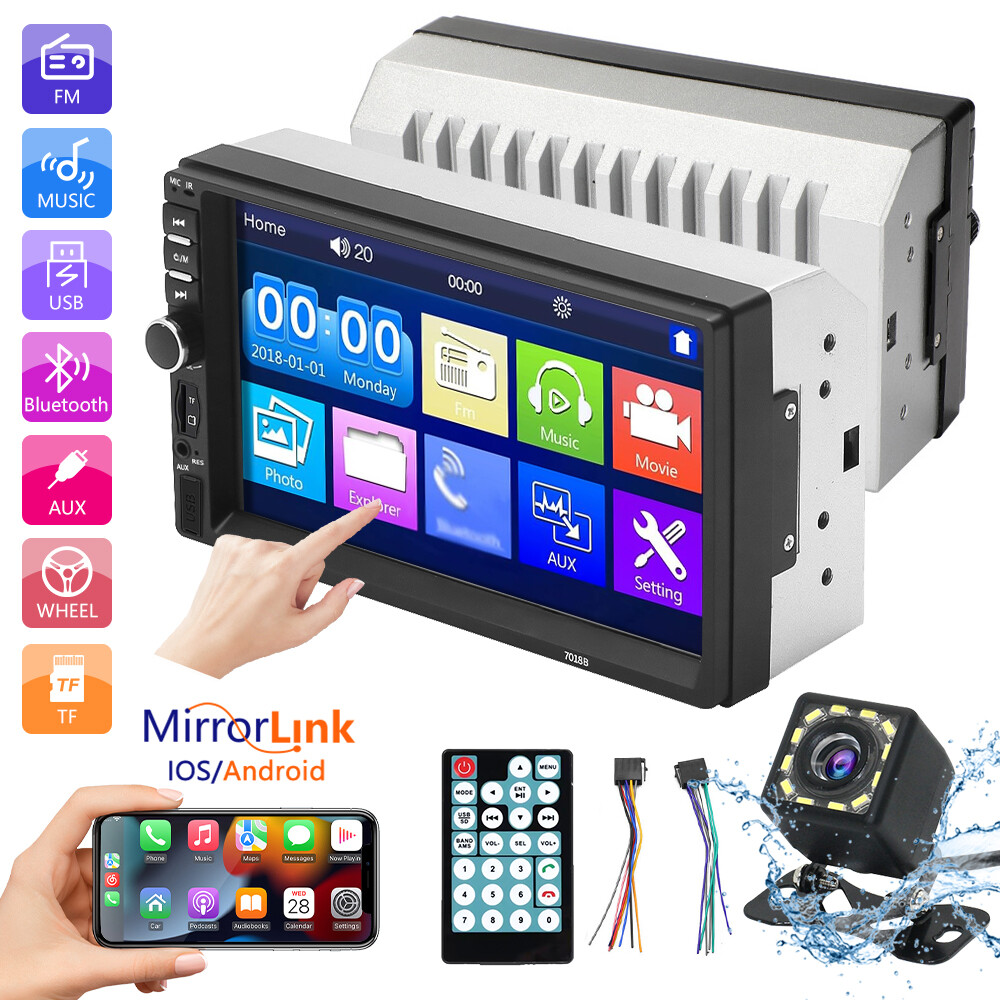 Double Din 7" Car Stereo with Backup Cam for Android/Apple Radio Touch Screen