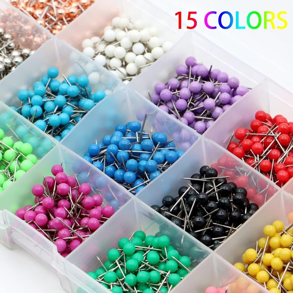 1500 PCS Map Push Pins, Map Tacks Marking Pins 1/8-Inch Plastic round Head Deco