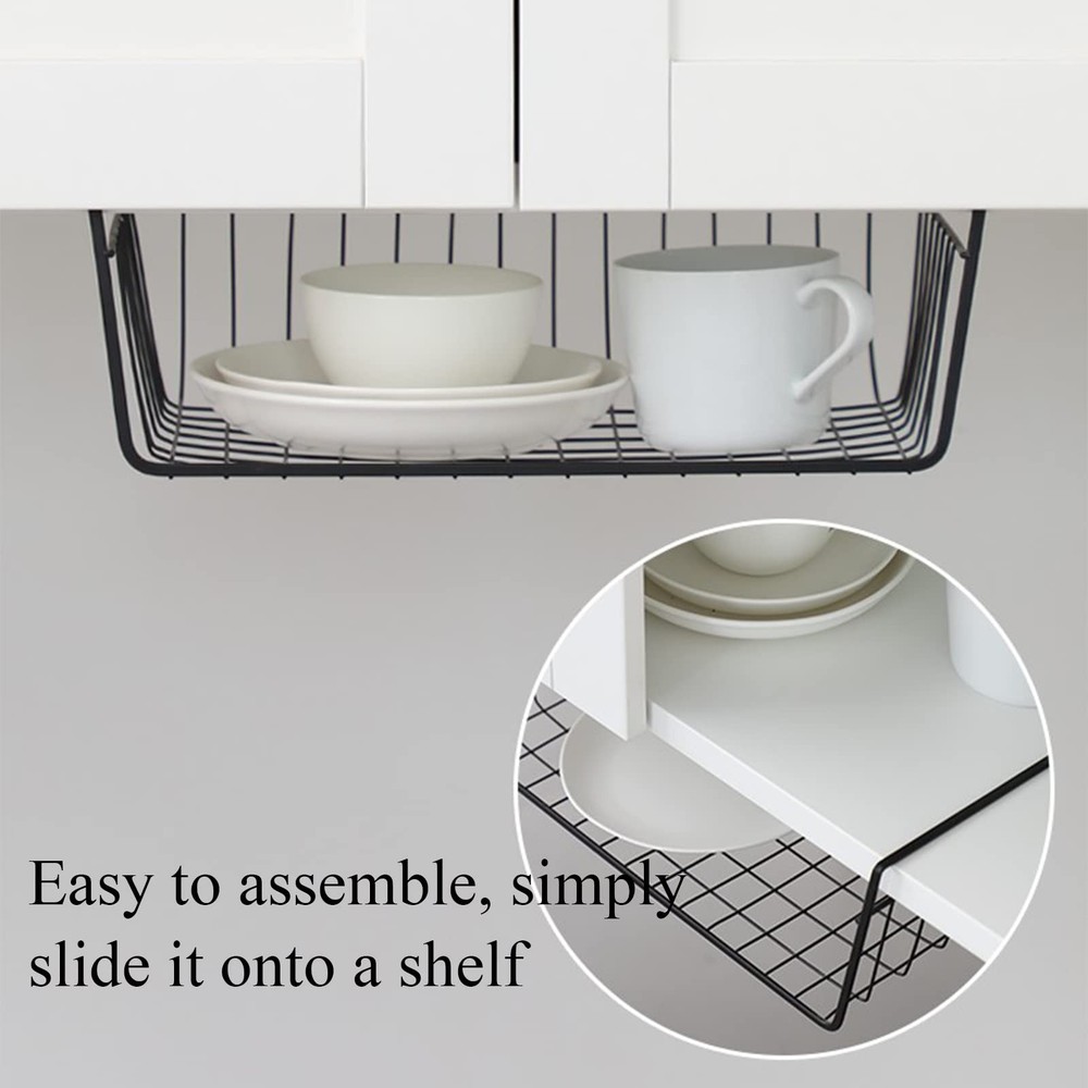 4 Pack Black Under Shelf Wire Basket, Hanging Storage Baskets Under Cabinet A...