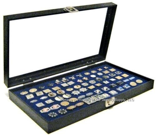 1 Glass Top Lid Blue Cufflinks Display Portable Storage Boxes Case