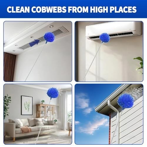 Extendable Cobweb Duster Set - Washable Cleaning Tool with 2 Heads for High Ceil