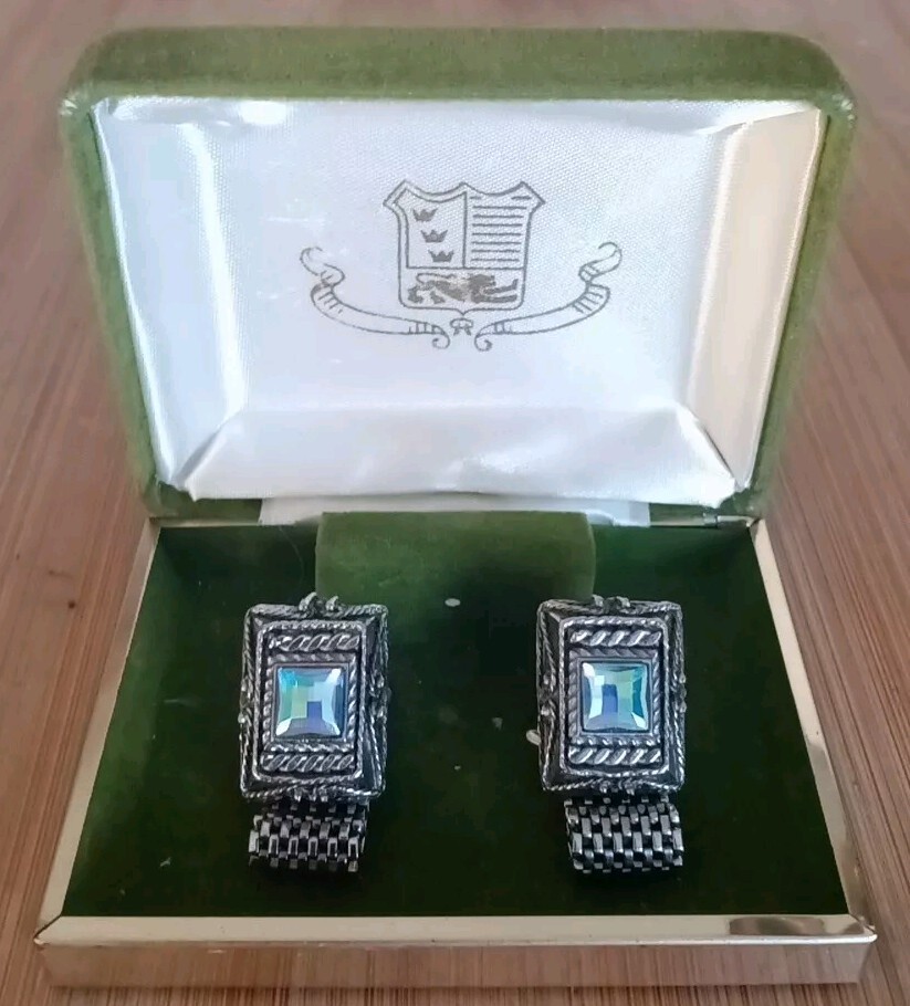 Vintage Silvertone Wrap Cuff Links With Irridescent Blue Stone