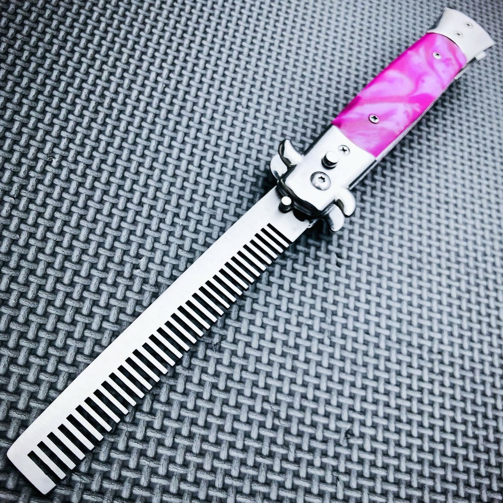 Automatic Push Button Folding Comb Barber Switchblade Pocket Knife Looking Brush