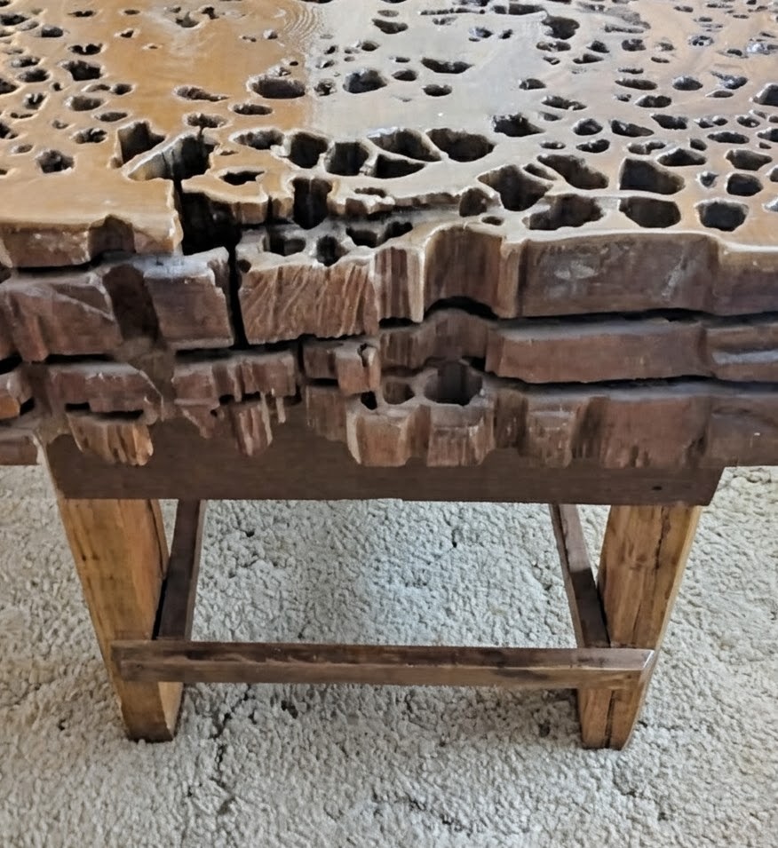 Vintage Thick Pecky Cypress live edge coffee table.