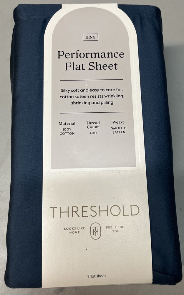 Threshold KING 400 Thread Count Performance Flat Sheet Metallic Blue NEW