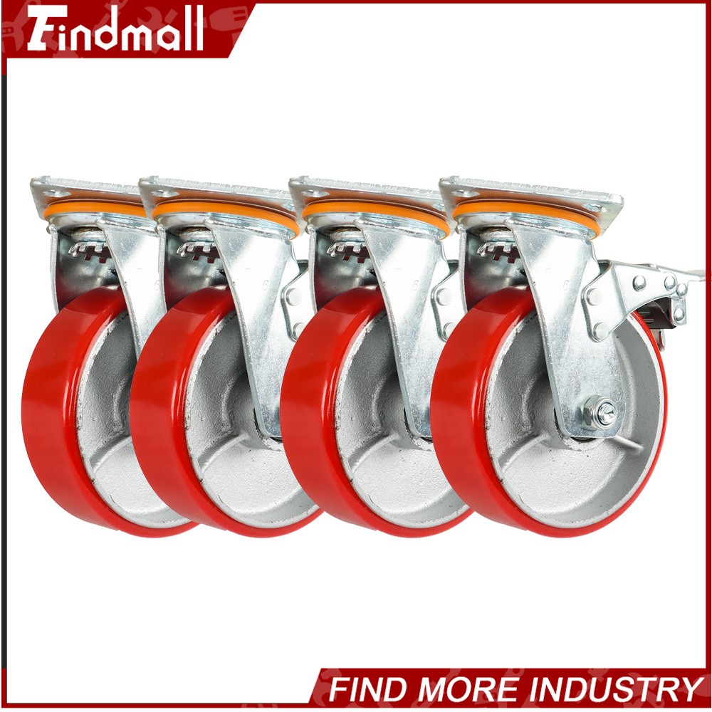 Findmall 4 Pack 6" Heavy Duty Caster Wheels Swivel Plate Total Lock Brake Red
