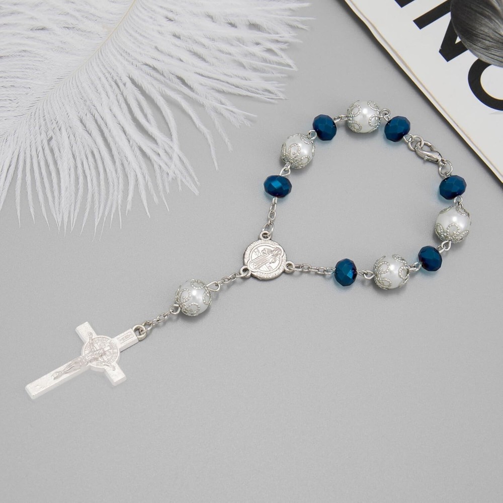 Navy Blue Catholic Auto Rosary St. Benedict Medal for Rearview Mirror Hanging