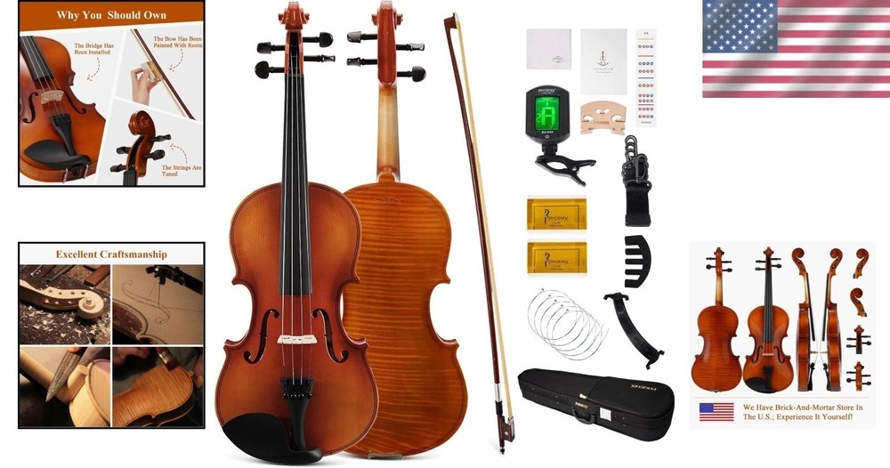 Violin 4/4 Full Size Kit for Beginners with Bow Strings Bridge Tuner Case