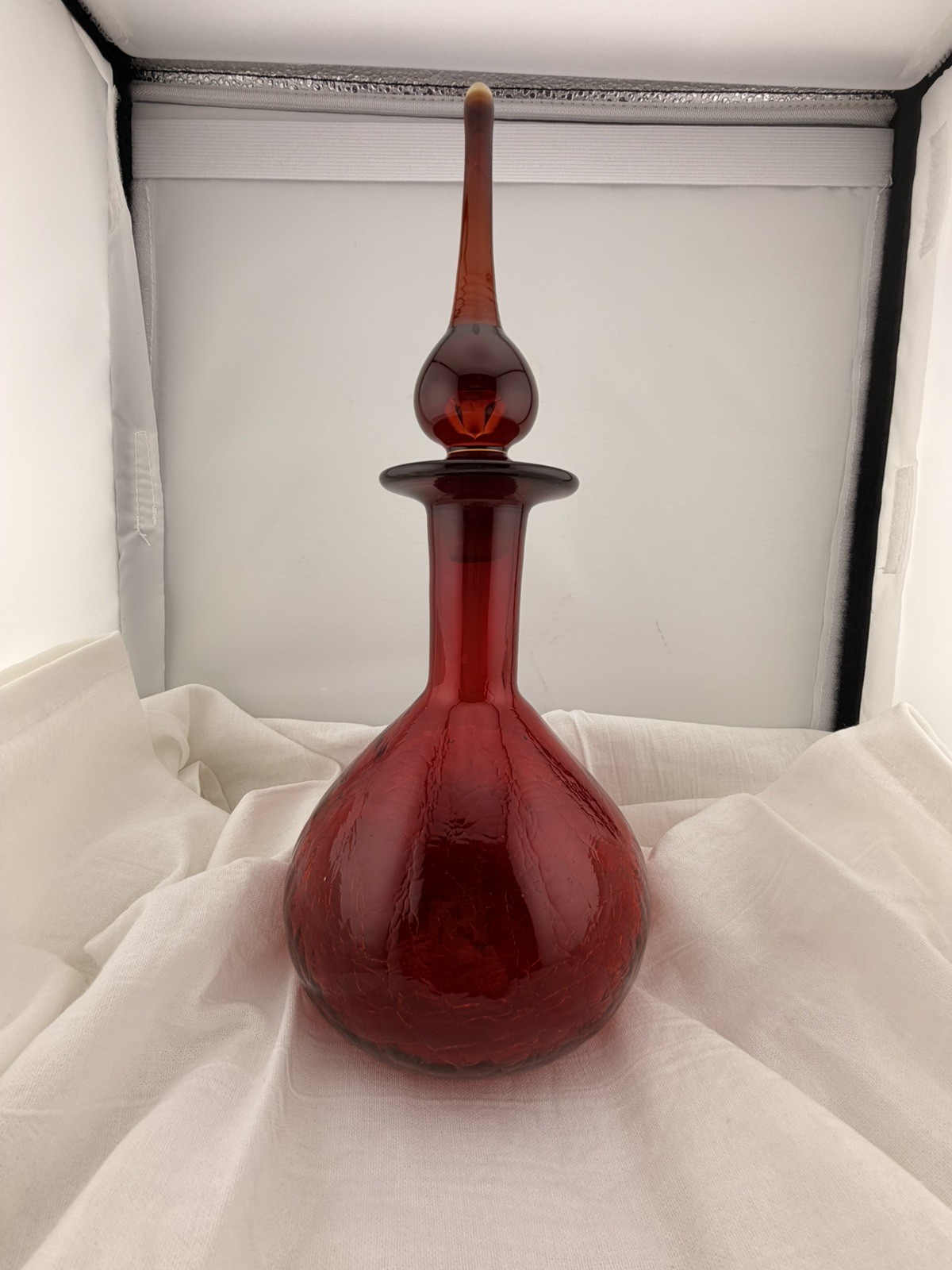 Vintage Blenko Red Glass Decanter Hand Blown Mid Century Modern Art Glass Ruby
