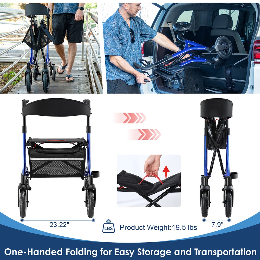 12"+10" Rubber Wheels All-Terrain Rollator Walker with Seat Foldable Adjustable
