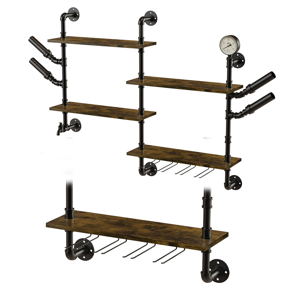 Industrial Pipe Bar Wall Liquor Shelf Floating Shelves with Wine Glass Holder