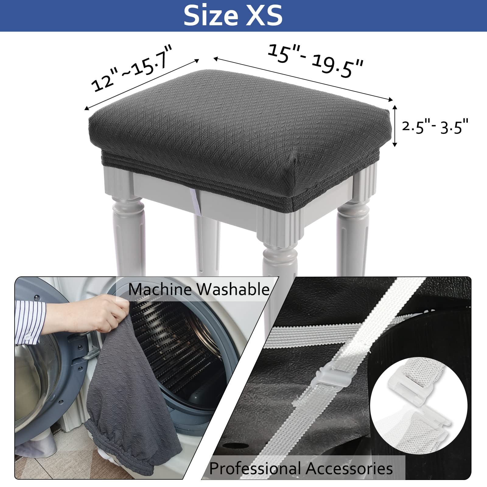 Luxury Vanity Bench Stool Cover, (15"- 20") L x (11.8"- 15.7") W Rectangle Sm...