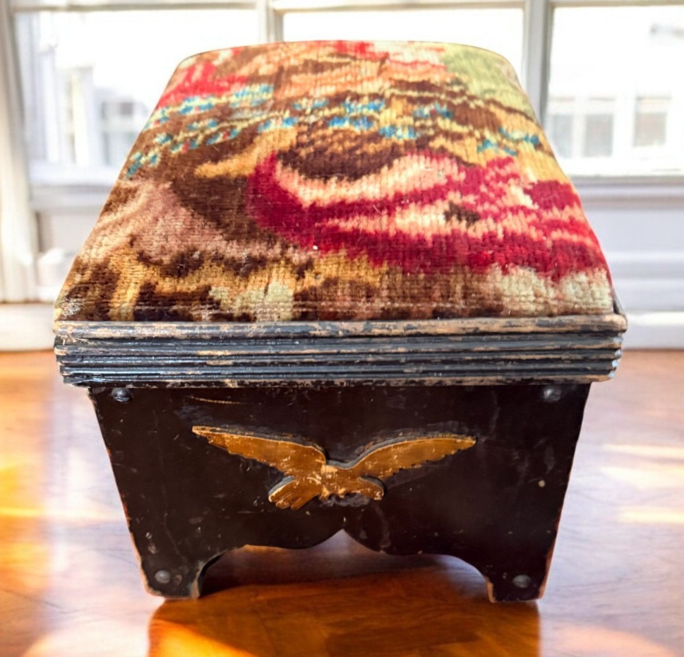 Vintage Floral Tapestry Footstool Wood Base Ottoman Inlaid bird eagle