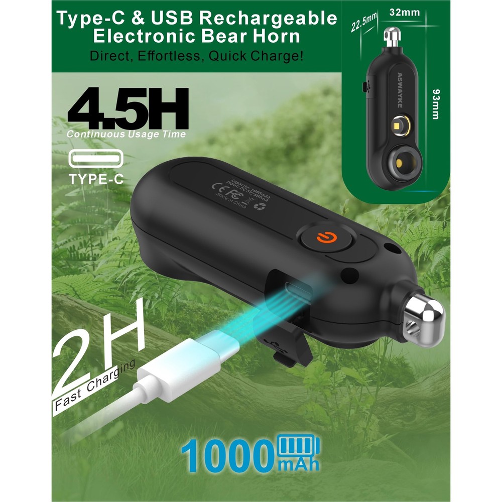 125dB Rechargeable Bear Horn,IPX5 Waterproof & LED Flashlight Bear Deterrent Dev