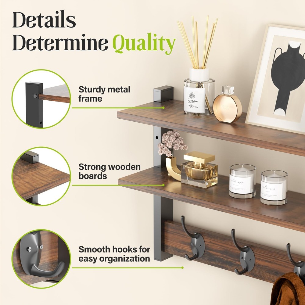 Two-Tier Wall Shelf with Hooks, 17" Coat Rack Wall Mount with Shelf, Key Hook...