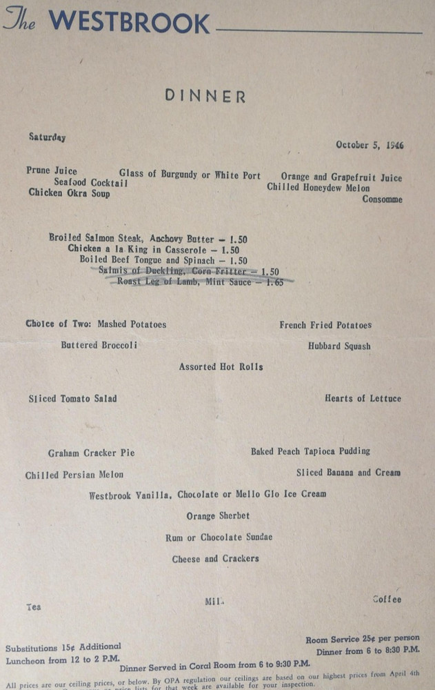The Westbrook Dinner Menu 1946