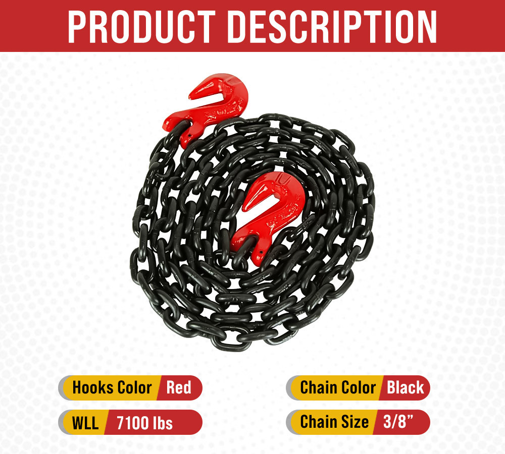 2 Pack G80 High Grade Transportation Chain w/ Grab Hooks - 3/8" x 16', 7100 l...