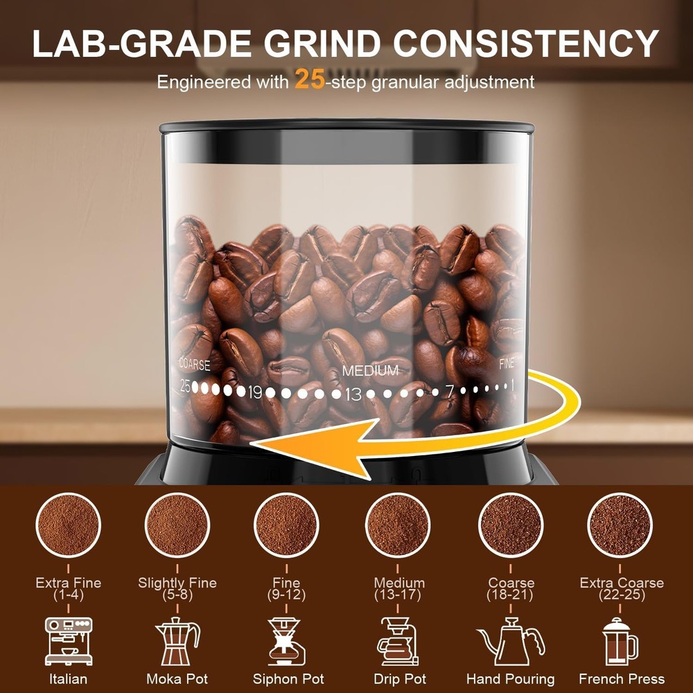 Conical Burr Coffee Grinder Electric - 200W Compact Automatic Coffee Bean Grinde