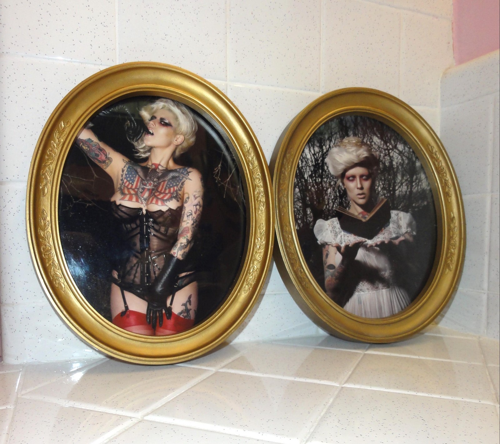 Vintage Two Gold Oval Frames with Gothic Pinup Girl Photos Vampire Look tattooed