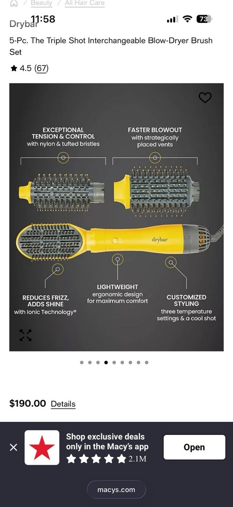Drybar Triple Shot Interchangeable Brush Dryer Ionic Tech Adjustable Heat