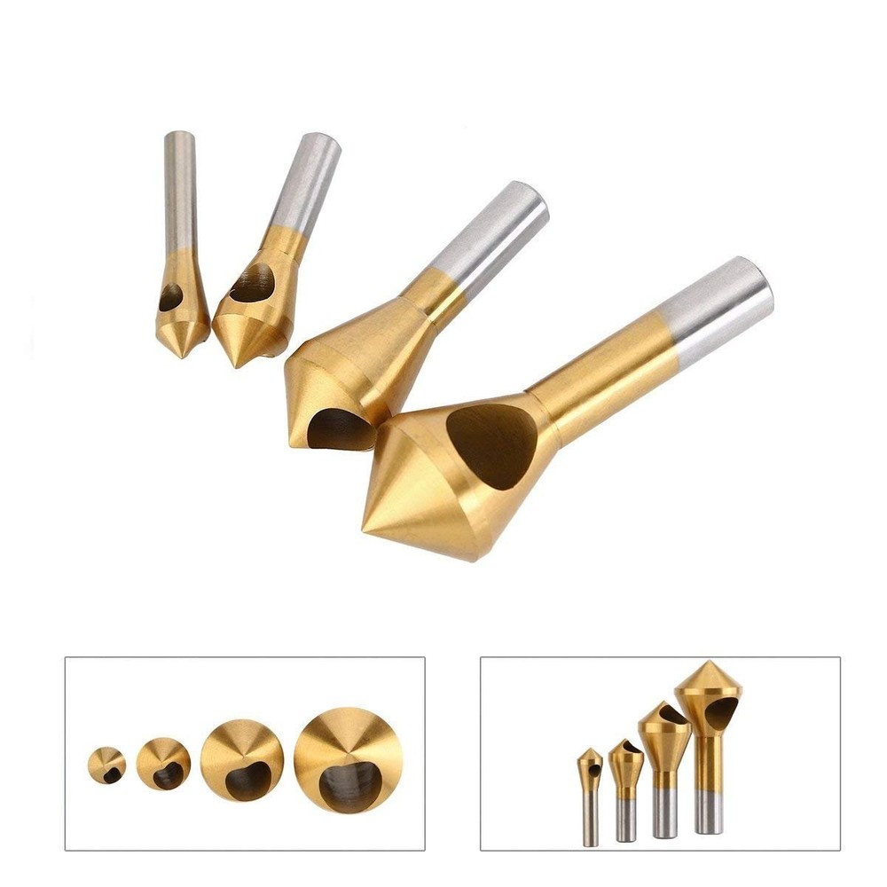 4pcs Titanium Coated Countersink Chamfer Tool Deburring Tool Set Metal Wood D...
