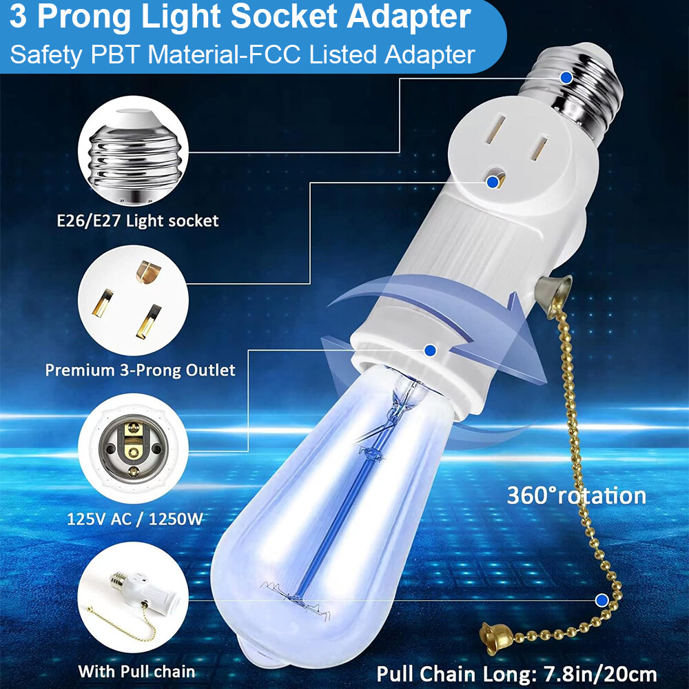 2 Pack E26 Light Bulb Socket Adapter With 2 AC Outlet Plug And Pull Chain Switch