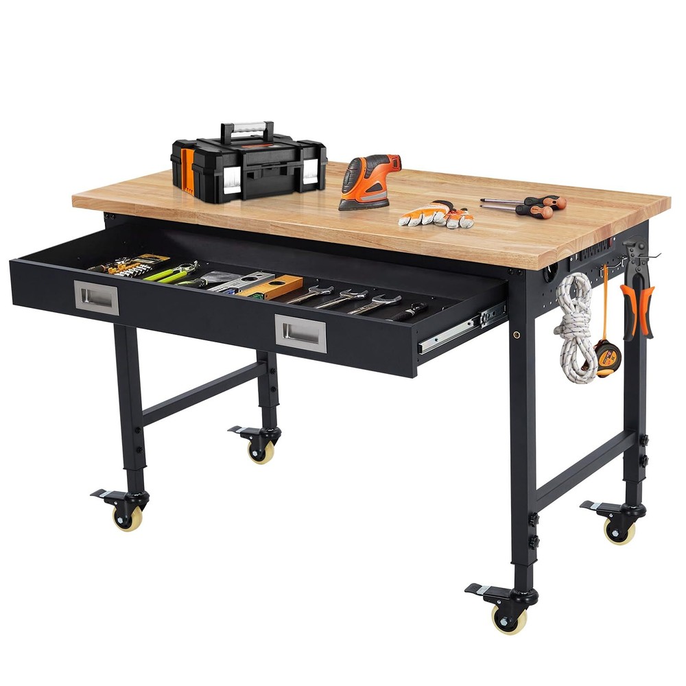 48" Adjustable Workbench Workstation 2000LB Load Capacity Rubber Wood Top Drawer