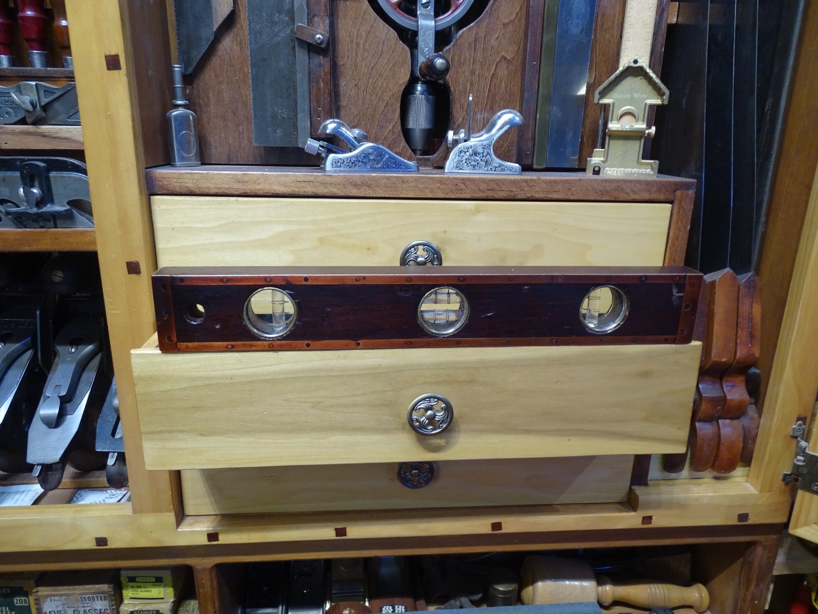 Antique User Made Brass Bound Double Plumb and Level Glass Vial Windows- WOW!!