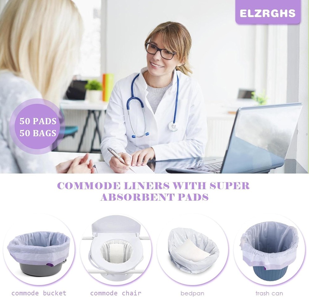 Commode Liners with Absorbent Pads for Bedside Commode, 50Bags+50Pads