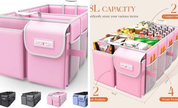 Foldable Trunk Organizer - SUV & Sedan Compatible, 2 Compartments, Large Pink
