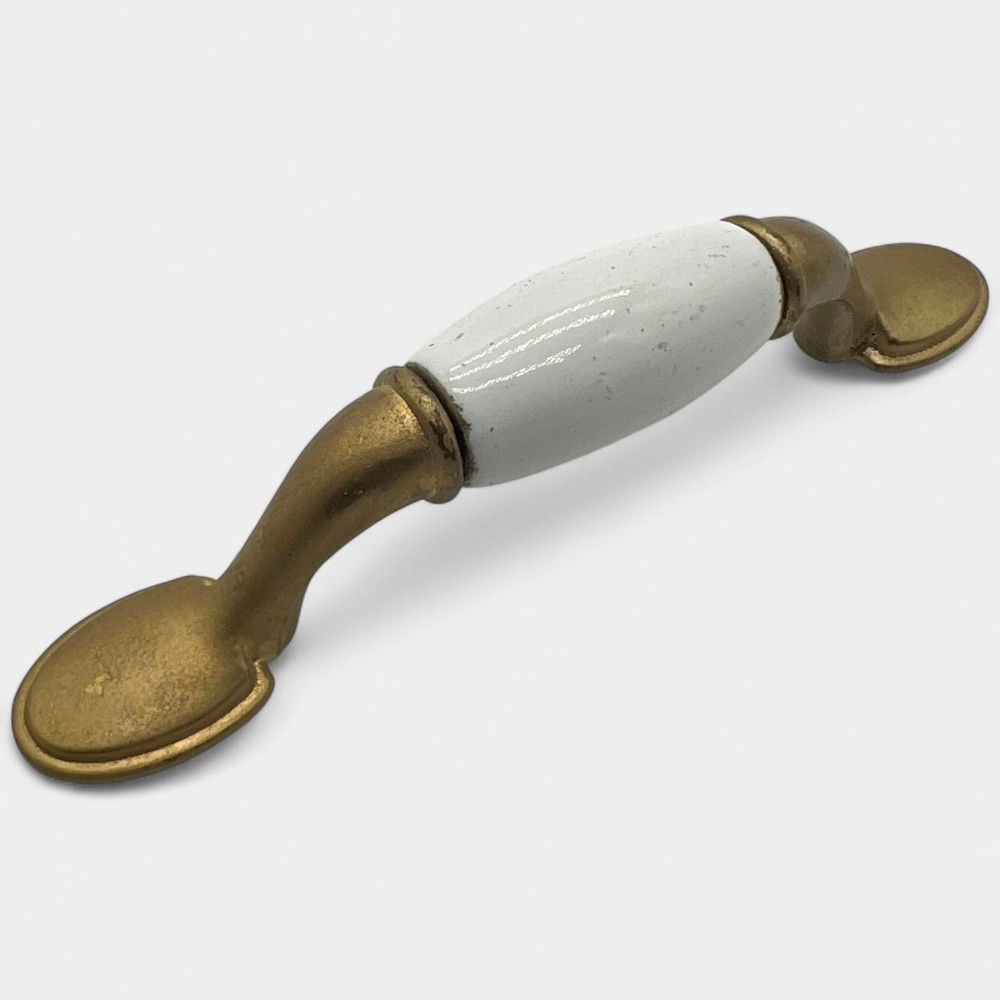 19 Vintage Brass plated & White Ceramic Drawer Pulls + 3 Matching Knobs