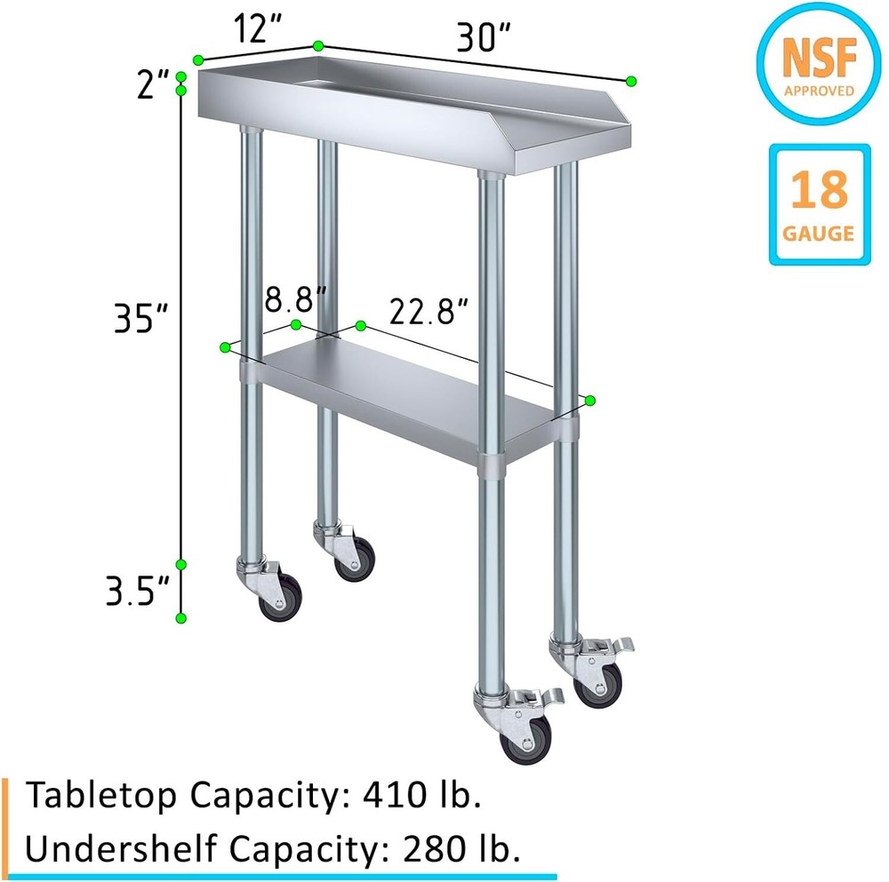 Commercial Work Table with Backsplash and Sideguards with Casters 30"x12"