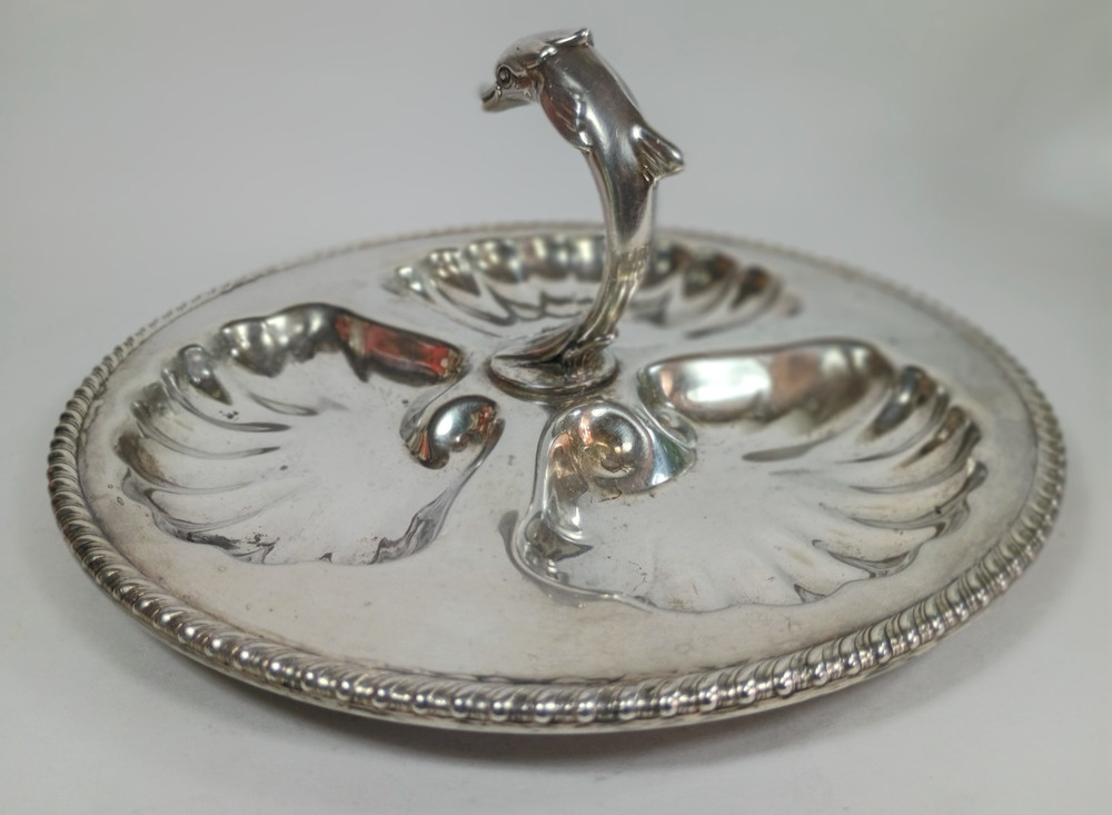 Vintage Canterbury Silverplate Tray Dolphin Motif Handle Three Sections 8 3/4"