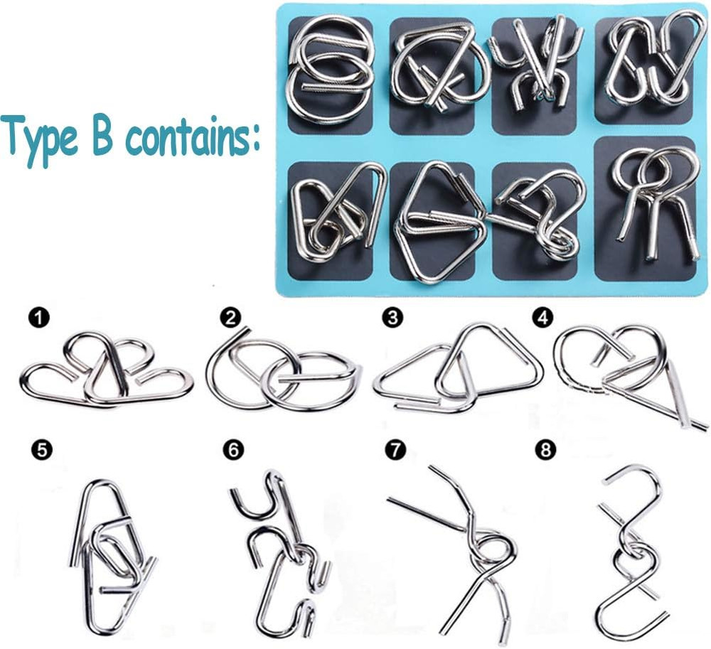 16 PCS Type A+B Different Brain Teaser Metal Wire Puzzles IQ Challenge Magic Tri