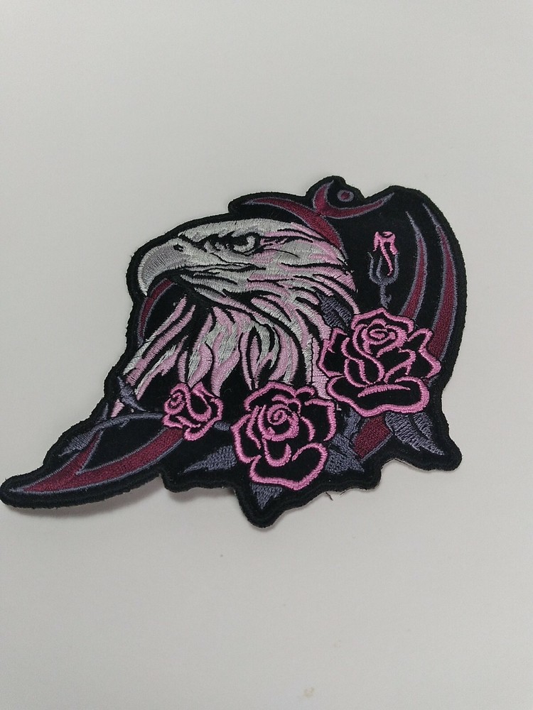 LADIES GLITTER EAGLE PINK ROSES EMBROIDERED Iron On PATCH