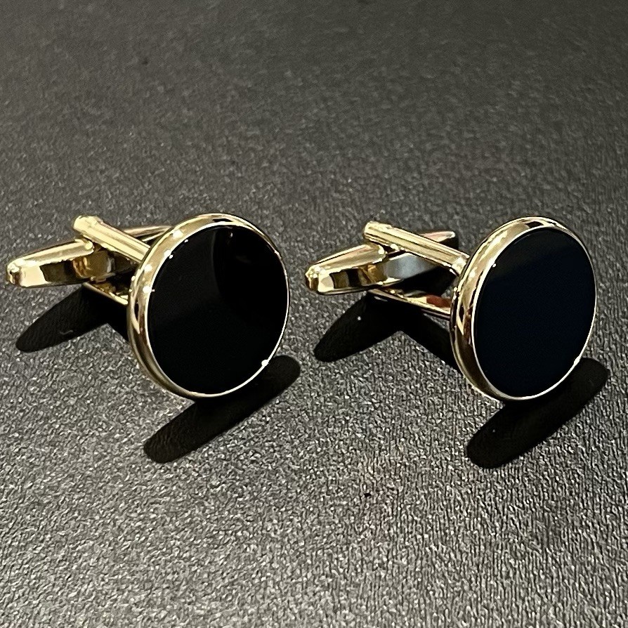 Gold Rim Round Onyx Daily Wear Cufflinks Men Birthday Gift Cuff Link With Box