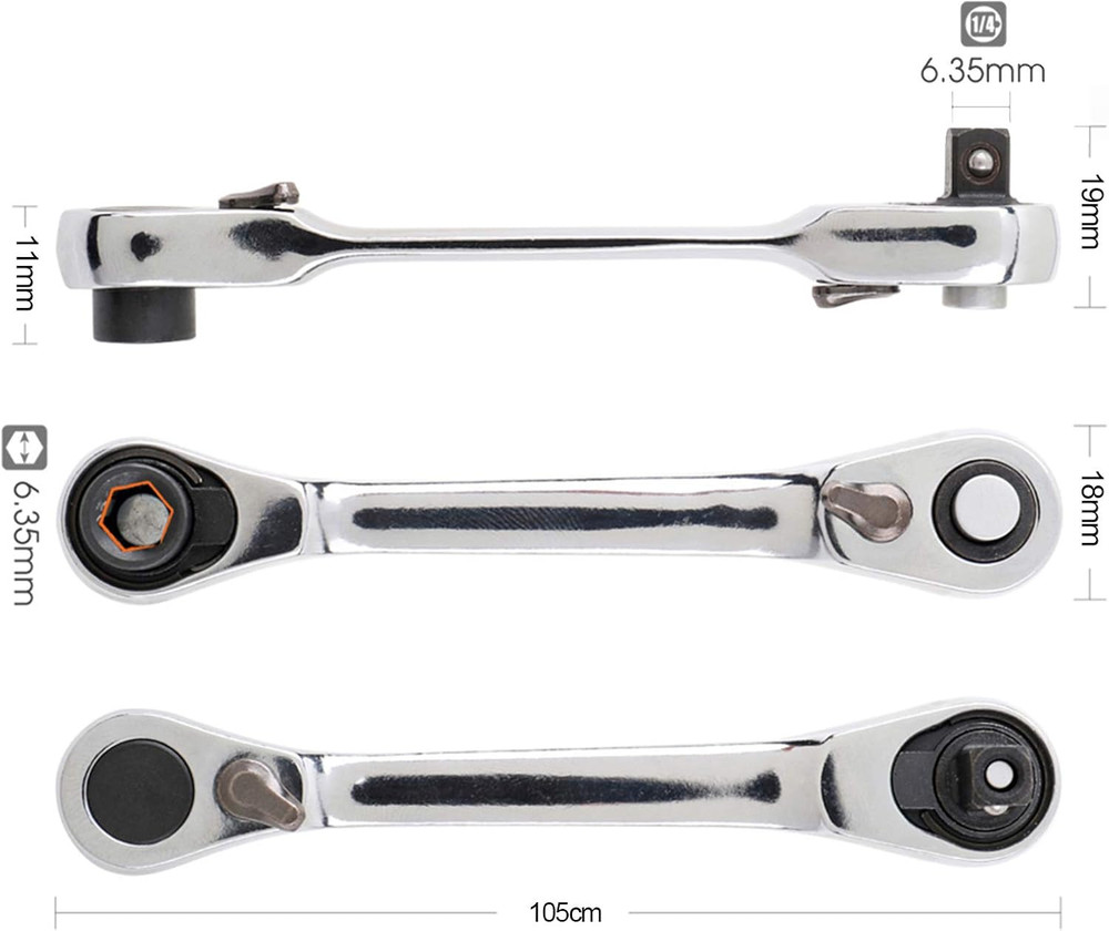 1/4" Mini Double Head Ratchet Wrench 72 Tooth Socket & Bit Driver Tool Silver