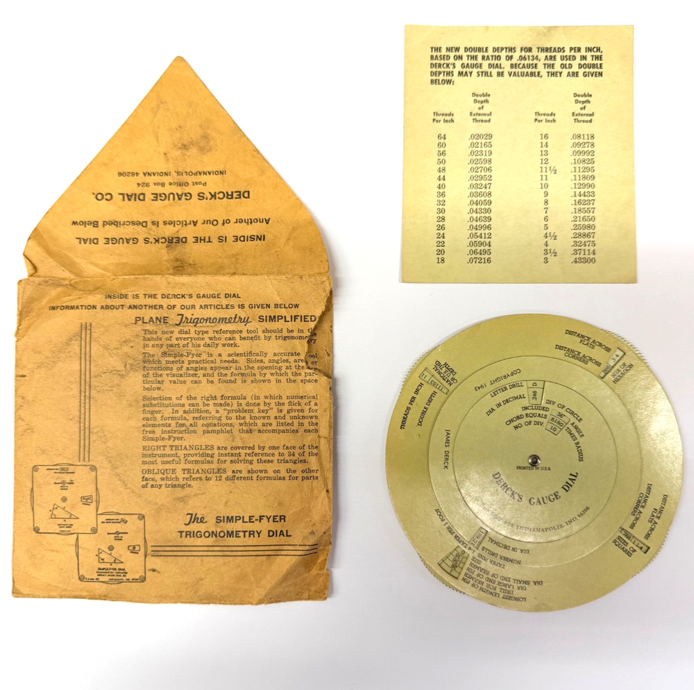 DERCK'S GAUGE DIAL ONLY w Envelope VTG 1943 EUC Decimal Threads Tapers Angles