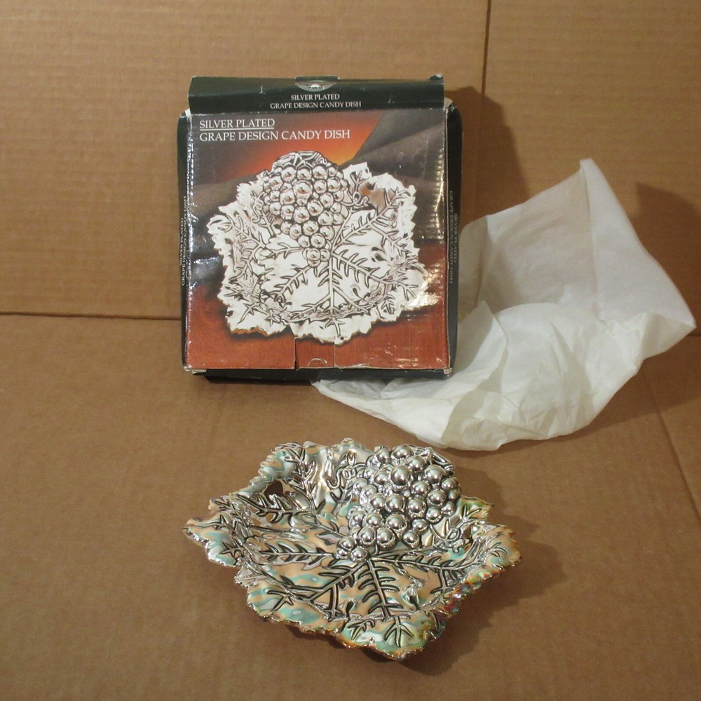 Vtg NOS w/Box GODINGER Silver Plate Candy Dish Grape Cluster & Leaf Design 7"×7"