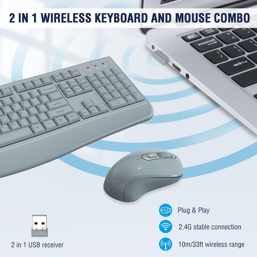 Wireless Keyboard Mouse Combo FullSized 2.4GHz Ergonomic Optical Mice Gray