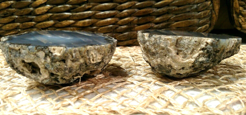 Blue Agate Cut Geode, Halves, 3" Diameter x 1.25" Deep, SET/2 Matching, EUC