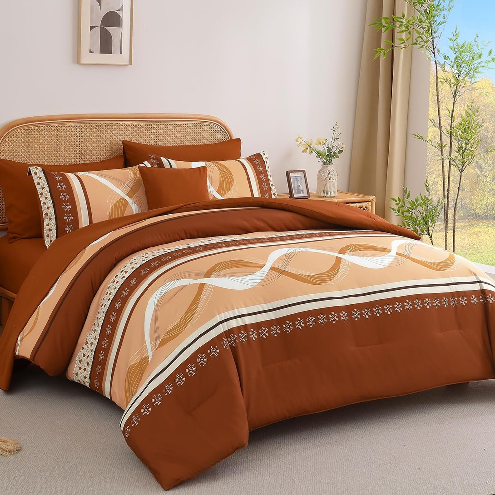 Orange Boho King Comforter Set 8Pc Bed in a Bag Patchwork Bedding Set