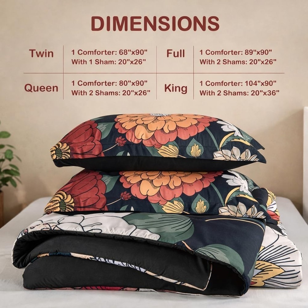 Black Boho Floral King Comforter Set 3Pc Reversible Bedding Set