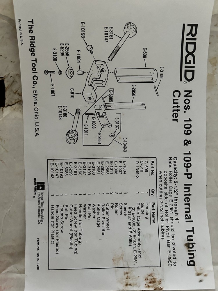 Rigid 109/109p Inside PVC Pipe Cutter and extra wheels.