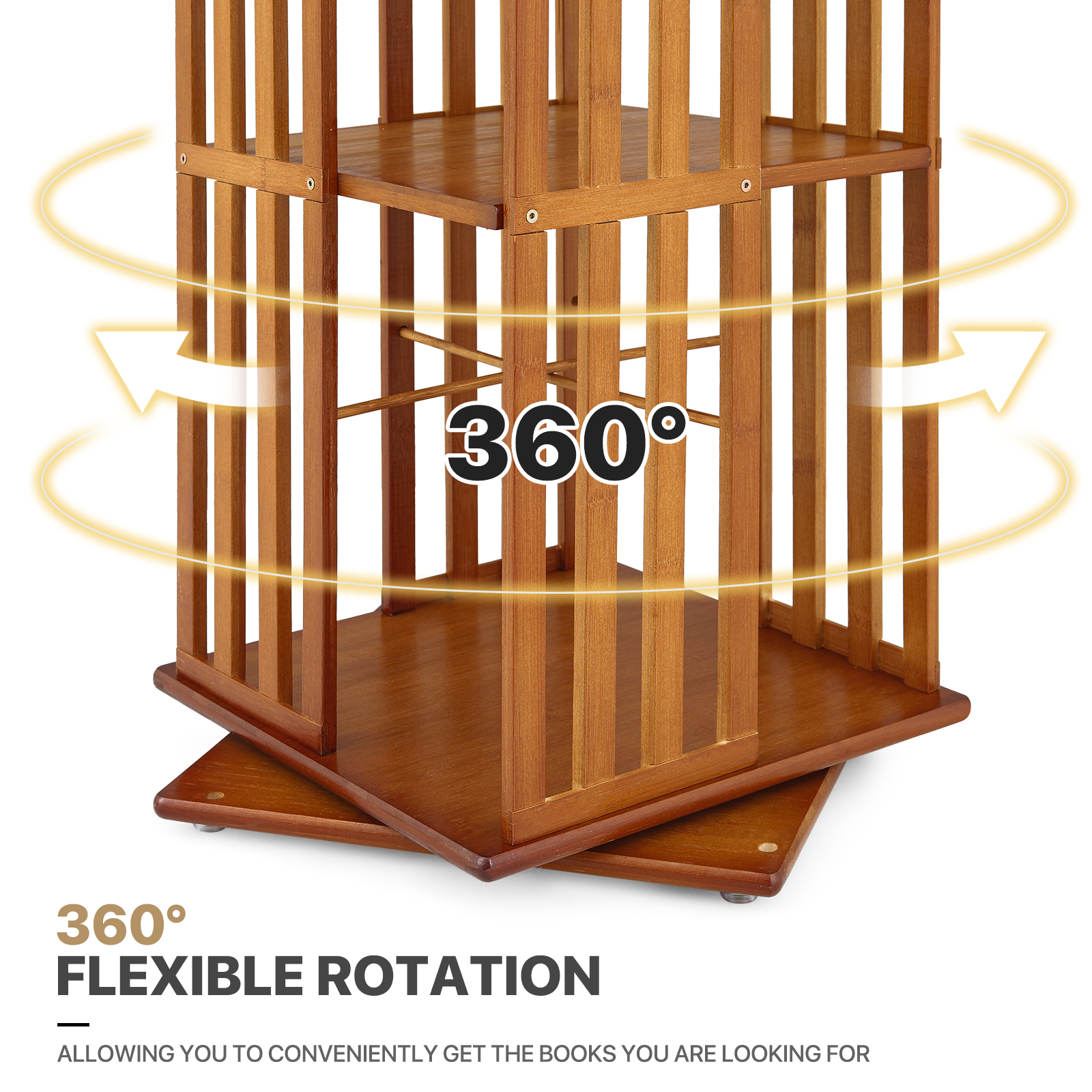 5 Tiers Brown Bamboo Rotating Bookshelf Open Shelving Storage Rack Freestanding