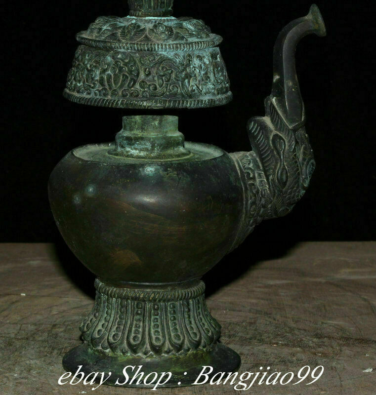 8" Marked Old China Bronze Dynasty Palace Dragon Beast Handle Kettle Pot Flask