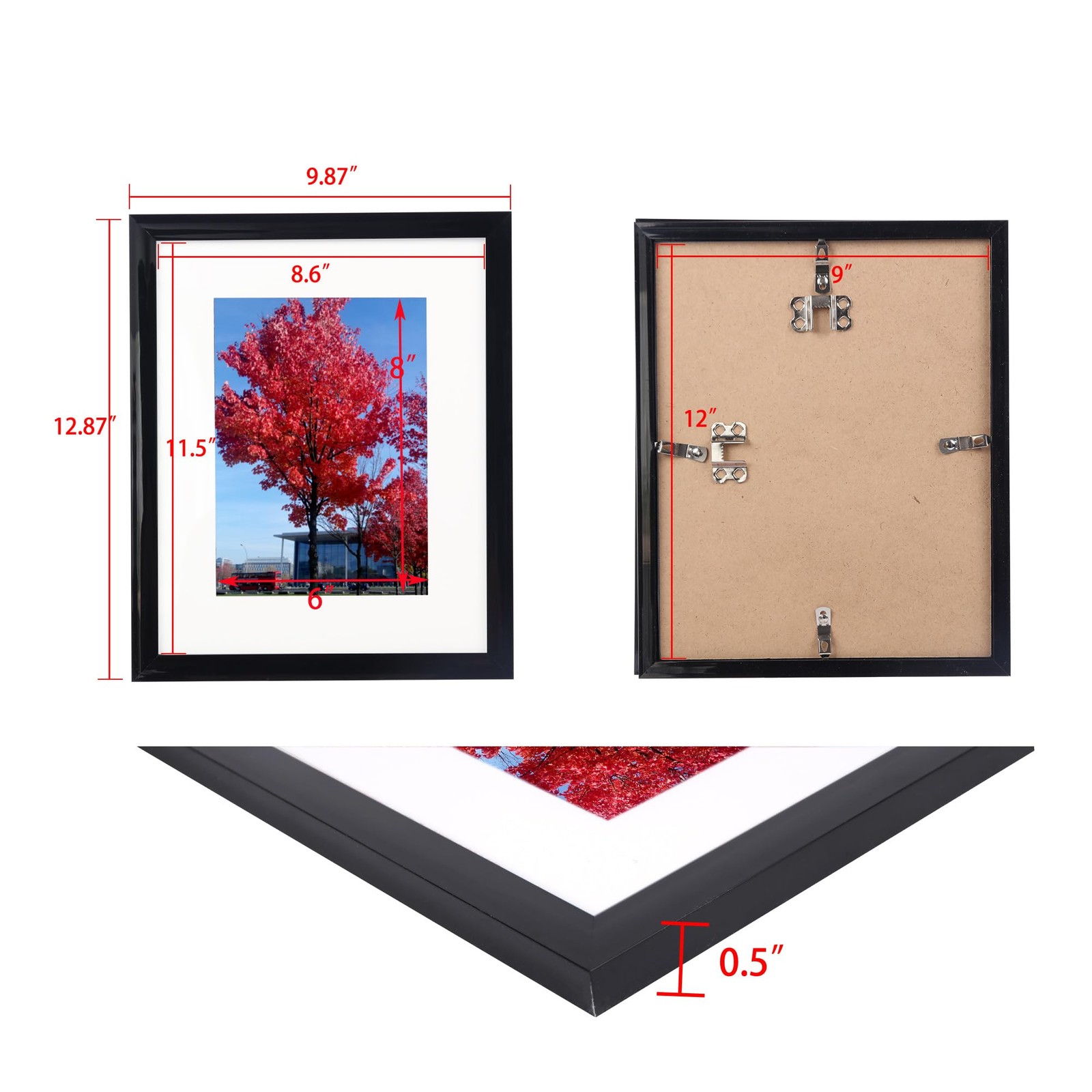 9x12 inch Picture Frame Black, Display Pictures 6x8 with Mat or 9x12 Without