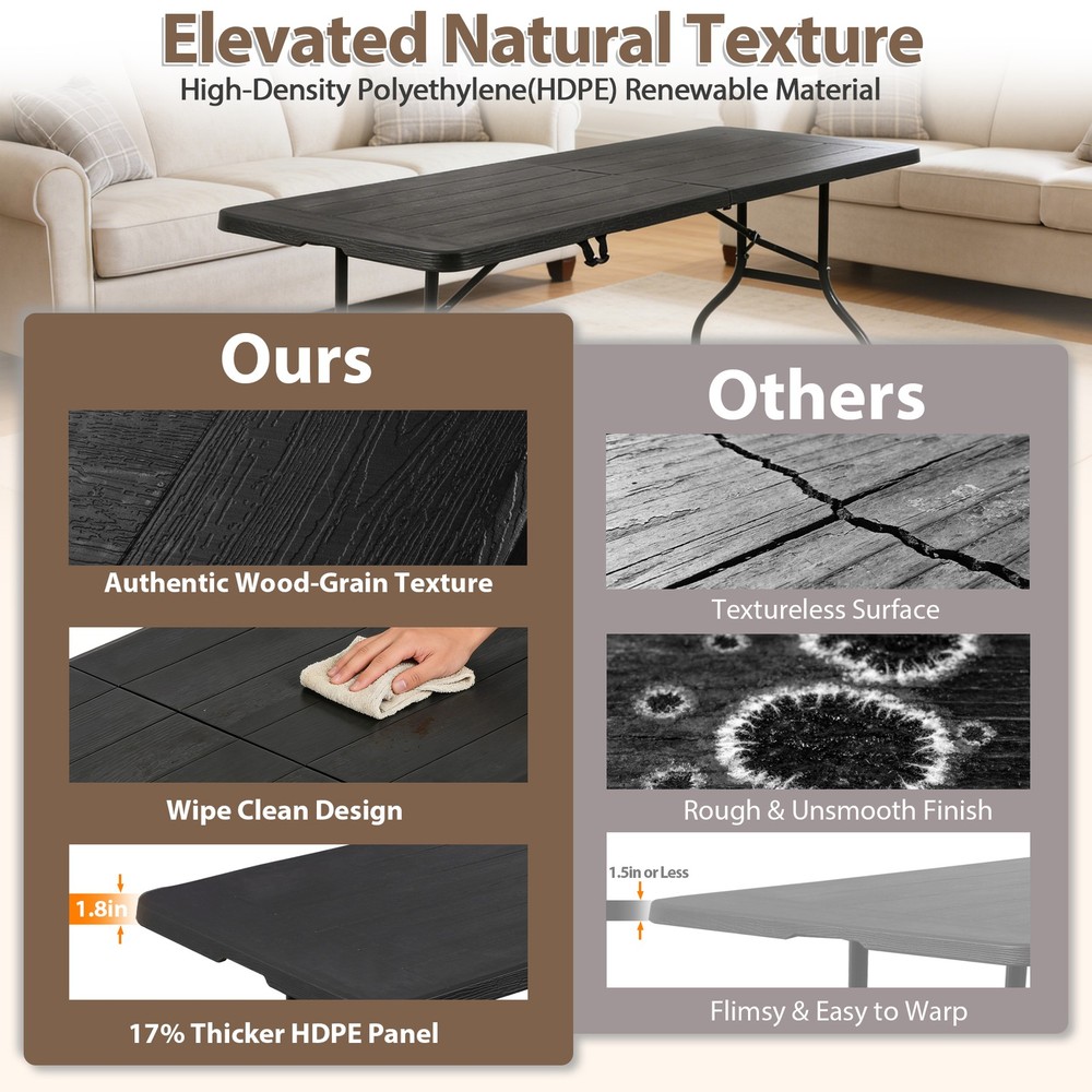 8FT Portable Folding Table Fold-in-Half Plastic Table for Dining Picnic Black